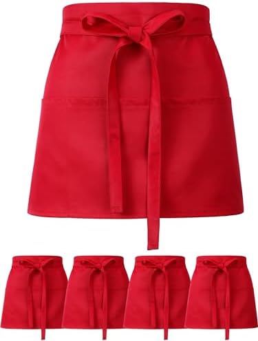 Twistover 5 Pack Red Waist Aprons for Adults 3 Pockets Half Bistro