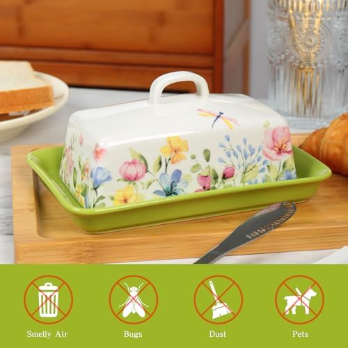 Ceramic Butter Dish with Lid for Countertop and Refrigerator Door
