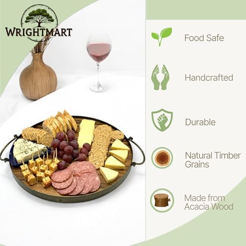 Round Acacia Wood Serving Tray, Handles, 14", Rustic Farmhouse Ottoman