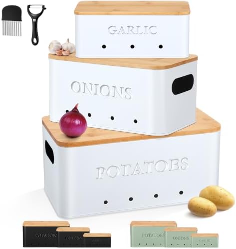 Honeydak 3 PCS White Potato Onion Garlic Storage Bins Set, Metal