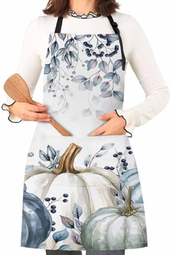 Blue White Pumpkins Fall Kitchen Aprons with Pockets Waterproof, Maple