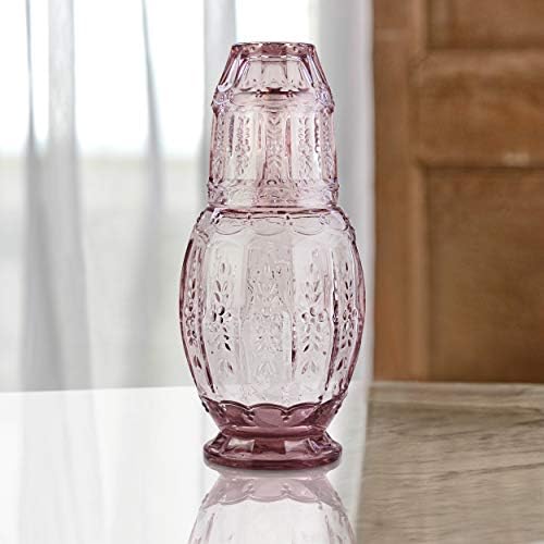 Elle Decor Vintage Bedside Water Carafe Set with Tumbler Lid, Pink
