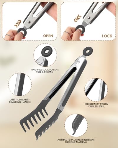 Spaghetti Spoon and Pasta Tong with Teeth, 2-Piece, Grey