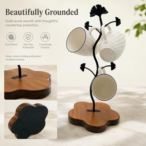 Coffee Mug Holder for Countertop, Ginkgo Leaf Mug Tree with 4 Hooks