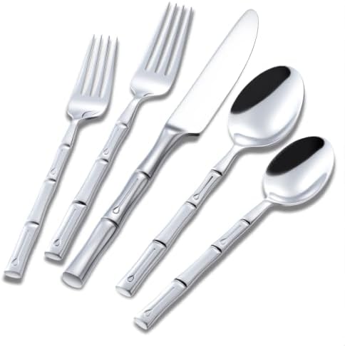 Silverware Set Silver Bamboo Handle Flatware Stainless Steel Heavy