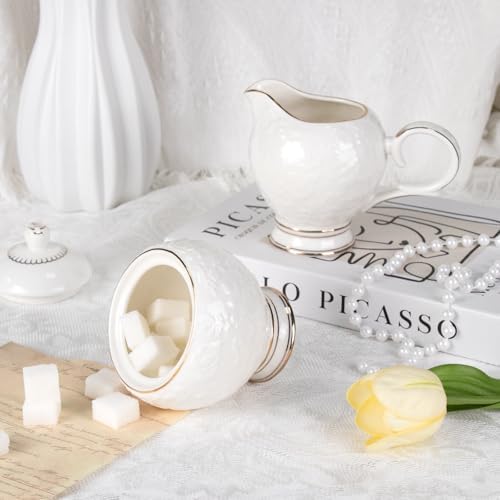 KAMMAK Sugar and Creamer set, Ceramic Sugar Bowl with Lid, Fancy