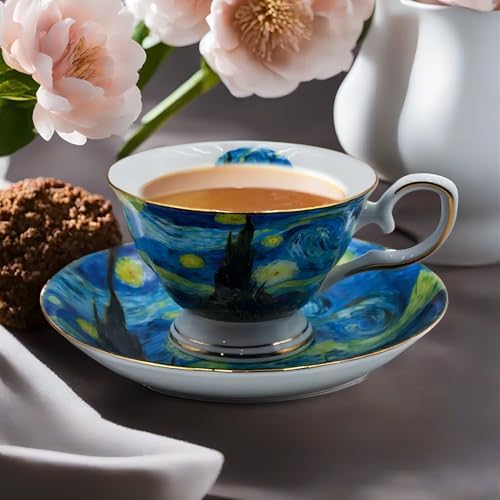 Floral Tea Cups Saucers Set of 2, Bone China 7 oz British Teacups