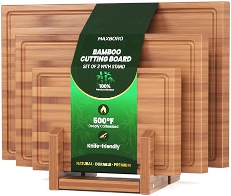 Bamboo Cutting Board for Kitchen, Double-Sided with Stand, Brown