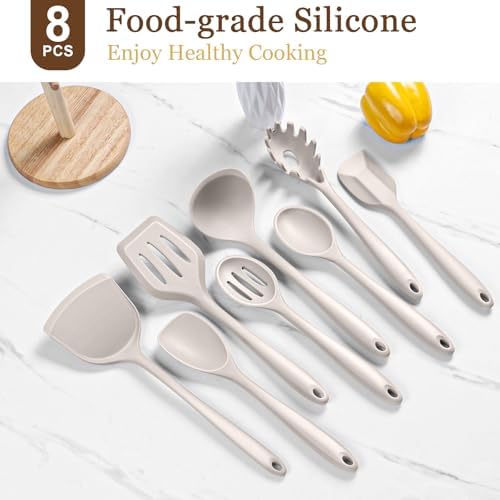 LIANYU Non-Toxic Kitchen Cooking Utensils Set, 8Pcs Khaki Silicone