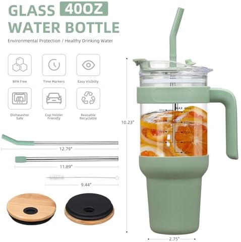 Chunmo 40 oz Glass Tumbler with 2 Lids - Bamboo Straw Lid & 2-in-1 Sip