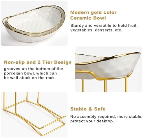 Fruit Bowl for Kitchen Counter, 2 Tier Fruit Basket for Counter, Ceramic Fruit tray, Tiered Holder with Metal Stand, Modern Detachable Rack for Vegetable Snack Dessert Storage (Gold&White)