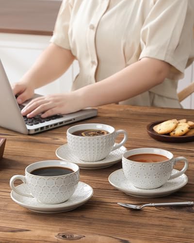 MALACASA 8 OZ Cappuccino Cups with Saucers, Embossed Latte Mugs Set of