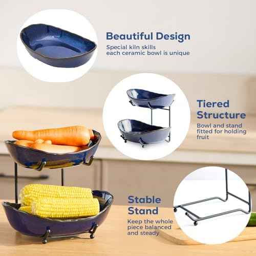 DUJUST 2 Tier Fruit Bowl, Kiln Altered Glaze Ceramic Fruit Stand, Stackable & Easy to Store, Multifunctional Serving Tray for Fruit/Vegetables/Snacks, Microwave & Dishwasher Safe - Dark Blue