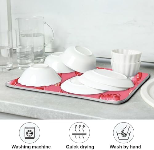 OTVEE Cute Pixel Hearts Galore Dish Drying Mat for Kitchen Counter