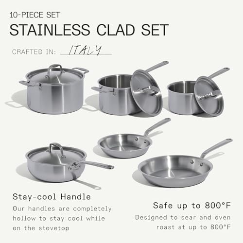Made In Cookware - 10 Piece Stainless Steel Pot and Pan Set - 5 Ply Clad - Includes Stainless Steel Frying Pans, Saucepans, Saucier and Stock Pot W/Lid - Professional Cookware - Crafted in Italy