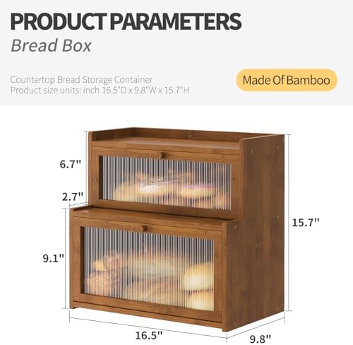 Double Layer Bamboo Bread Box for Kitchen Counter,Bread Holder,Countertop Bread Storage with Window (Brown)
