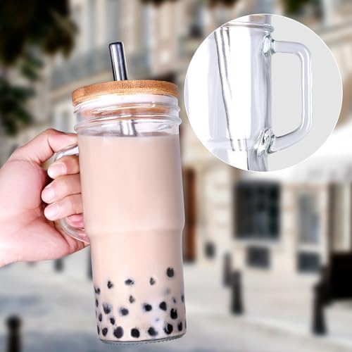 24oz Glass Cups with Lids and Straws - Glass Tumbler cup with bamboo