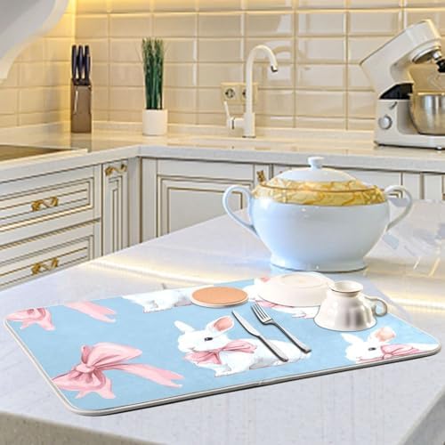 OTVEE White Rabbit Art Dish Drying Mat for Kitchen Counter Absorbent