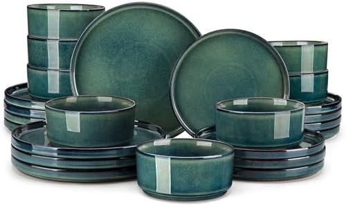 vancasso Starry Plates and Bowls Sets for 8, 24 Pieces Green Dinnerware Sets for Kitchen, Modern Stoneware Dishes Set, Dishwasher and Microwave Safe