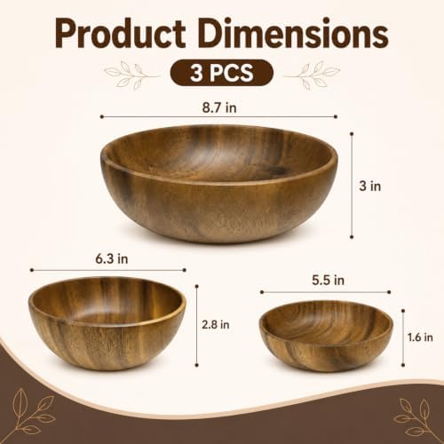 3 Pcs Walnut Wooden Bowls Set, 8.7", 6.3", 5.5" Large Wooden Salad