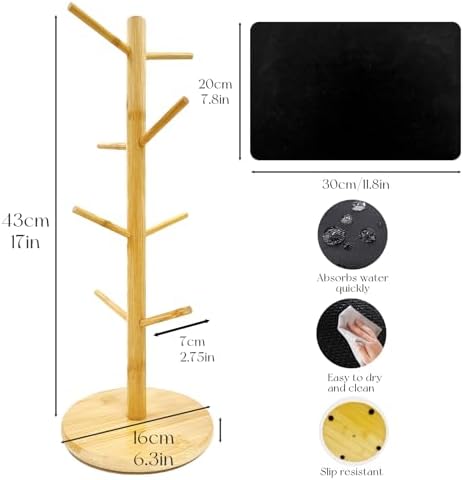SNAIL GARDEN Coffee Mug Holder with Absorbent Drying Mat, 8-Hook Wood