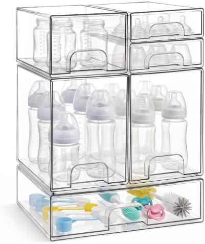 Baby Bottle Organizer, 6-Piece Clear Acrylic Stackable Storage Drawers