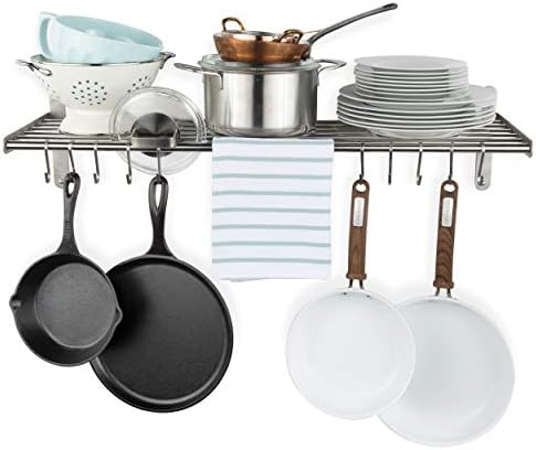 Wallniture Lyon Kitchen Organization and Storage Rack, Stainless Steel Metal Wall Shelf with 10 S Hooks for Hanging Pots and Pans, Chrome
