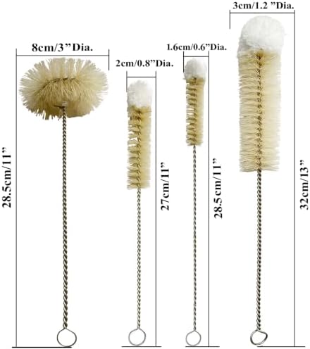 Bottle Brushes Thin Long Handle X 4, Natural Boar Bristle Set