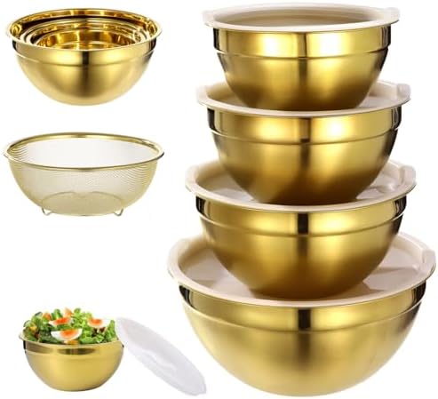 5 PCS Golden Mixing Bowls, Stainless Steel Salad Bowls with Airtight
