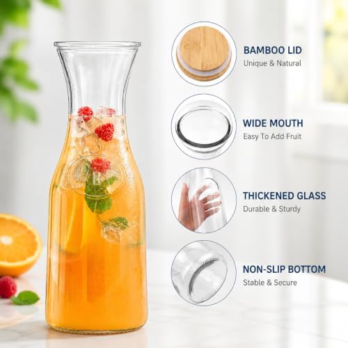 Glass Carafe with Bamboo Lid, Round 35 Oz Beverage Dispensers Carafe