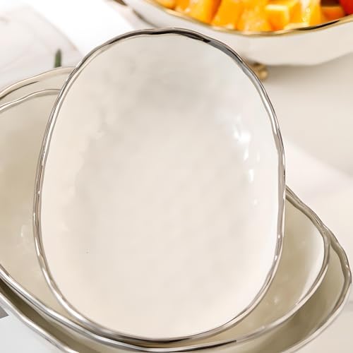White Fruit Bowl with Silver Metal Stand, 2 Tier Modern Ceramic Fruit Bowl Fruit Rack for Kitchen Counter, Tiered Fruit Basket for Snacks Bread Candy Storage (White B,2 Tier)