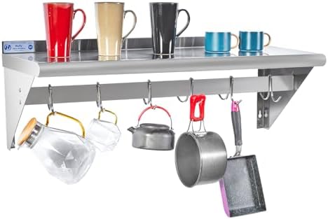 Hally Stainless Steel Shelf with 6 Hooks 14"x36" Wall Mounted Pot Rack NSF