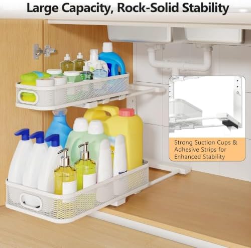 2 Pack Under Sink Organizer With Smooth Cylindrical Rail,2-Tier Pull