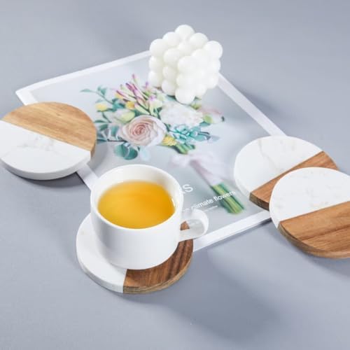 Coasters Set of 4 for Drinks,Marble-Wood Spliced Coaster for Tabletop
