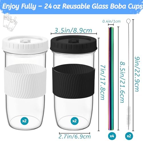 Youeon 4 Pack 24 Oz Reusable Boba Cups with Lids and Straw, Iced