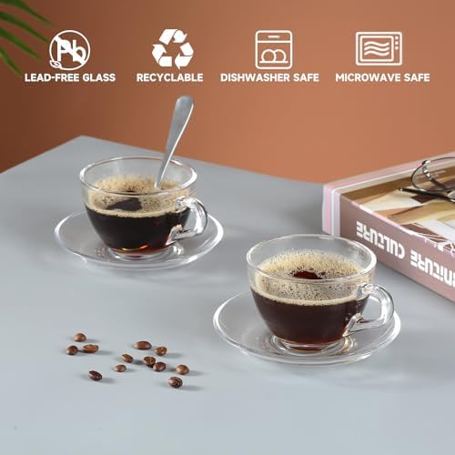 Glass Teacup and Saucer Set, 6 Pack Coffee Mug with Stainless Steel