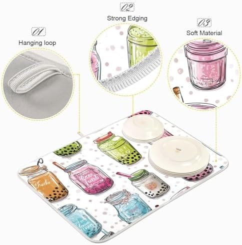 OTVEE Boba Beverage Art Dish Drying Mat for Kitchen Counter Absorbent