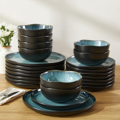 Pokini Stoneware Dinnerware Sets for 8, 24Pcs Ceramic Plates and Bowls Sets