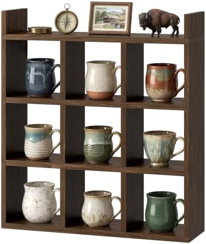NiHome Mug Holder, Coffee Cup Rack, 9 Cups Wood Wall Mount Display