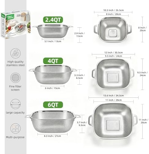 6QT 3-Piece Square Stainless Steel Colander Set w/Handle, Microporous High Foot Strainer for Spaghetti & Veggies Draining, Dishwasher Safe, Gift Box Packed Kitchen Draining Tool (6QT+4QT+2.4QT)