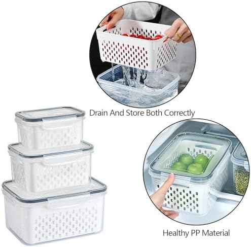 3 PCS Fruit Storage Containers for Fridge with Removable Colander