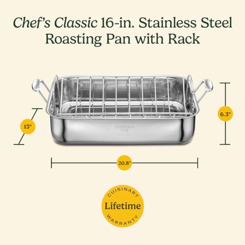 Cuisinart 16-Inch Roasting Pan, Induction Compatible Premium Rectangular Roaster Pan With Rack, Stainless Steel Roasting Pan with Rack, Large Capacity, Dishwasher Safe
