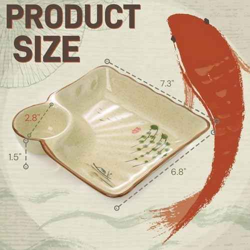 4 Pack Ceramic Dumpling Plate with Dipping Saucer, 7.3 Inch Japanese Sushi Platter, Chip and Dip Plate, Divided Snack Serving Dish for Appetizer, Charcuterie, Dessert, Salad, Entertainment