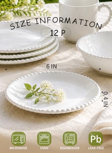 6 Inch White Porcelain Beaded Dessert Plates Set of 12