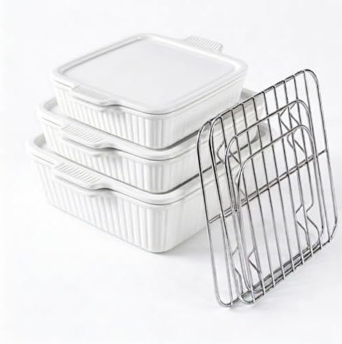 3‐Pcs Baking Dish Set with Lid & Grill Racks, Stackable Bakeware
