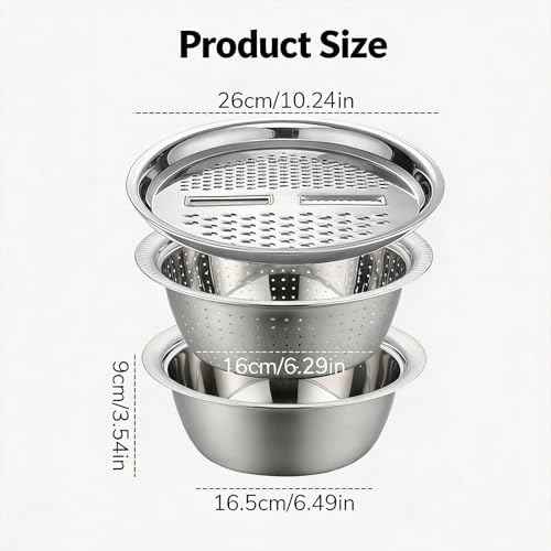 3 in 1 Stainless Steel Mixing Bowls Set - Multifunctional Colander with Grater & Vegetable Slicer, Stackable Kitchen Strainer Drain Basket for Rinsing, Washing, Mixing & Food Prep, Food Grade, 3Pcs