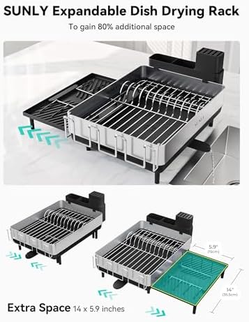 SUNLY Large Expandable Dish Drying Rack, Black