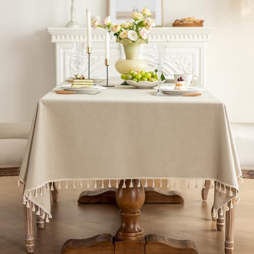 Heavyweight Polyester Square Tablecloth with Tassels, Warm Beige, 55 x
