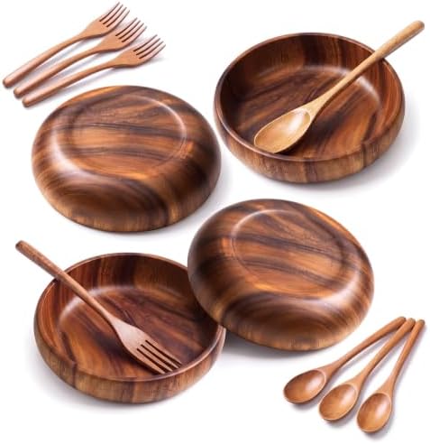 12 Pcs Acacia Wooden Dinnerware Set, 4 Pcs Salad Bowl with Serving