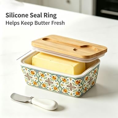 Butter Dish with Lid and Knife – 350ml Ceramic Butter Container with